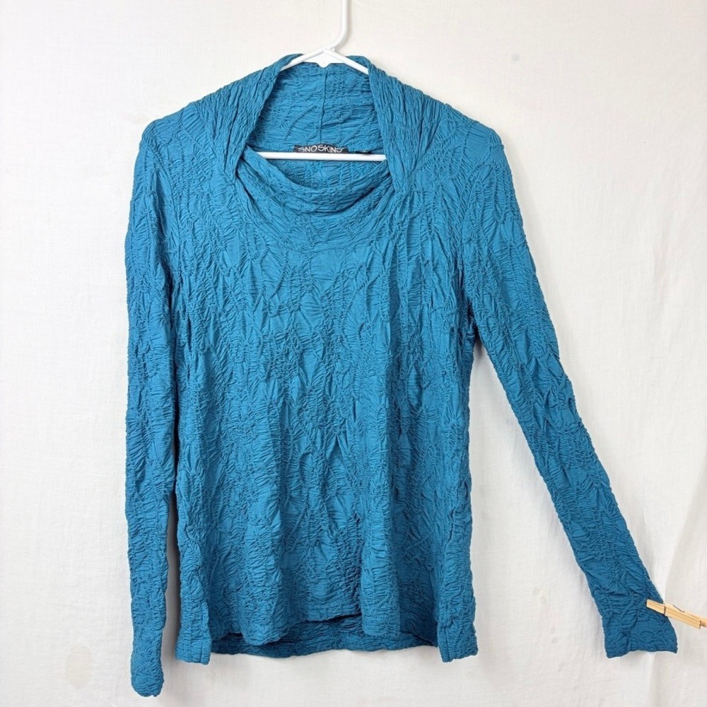 Sno Skins Crinkle Textured Cowl Neck Long Sleeve Top Sz Small Stretch Artsy Teal